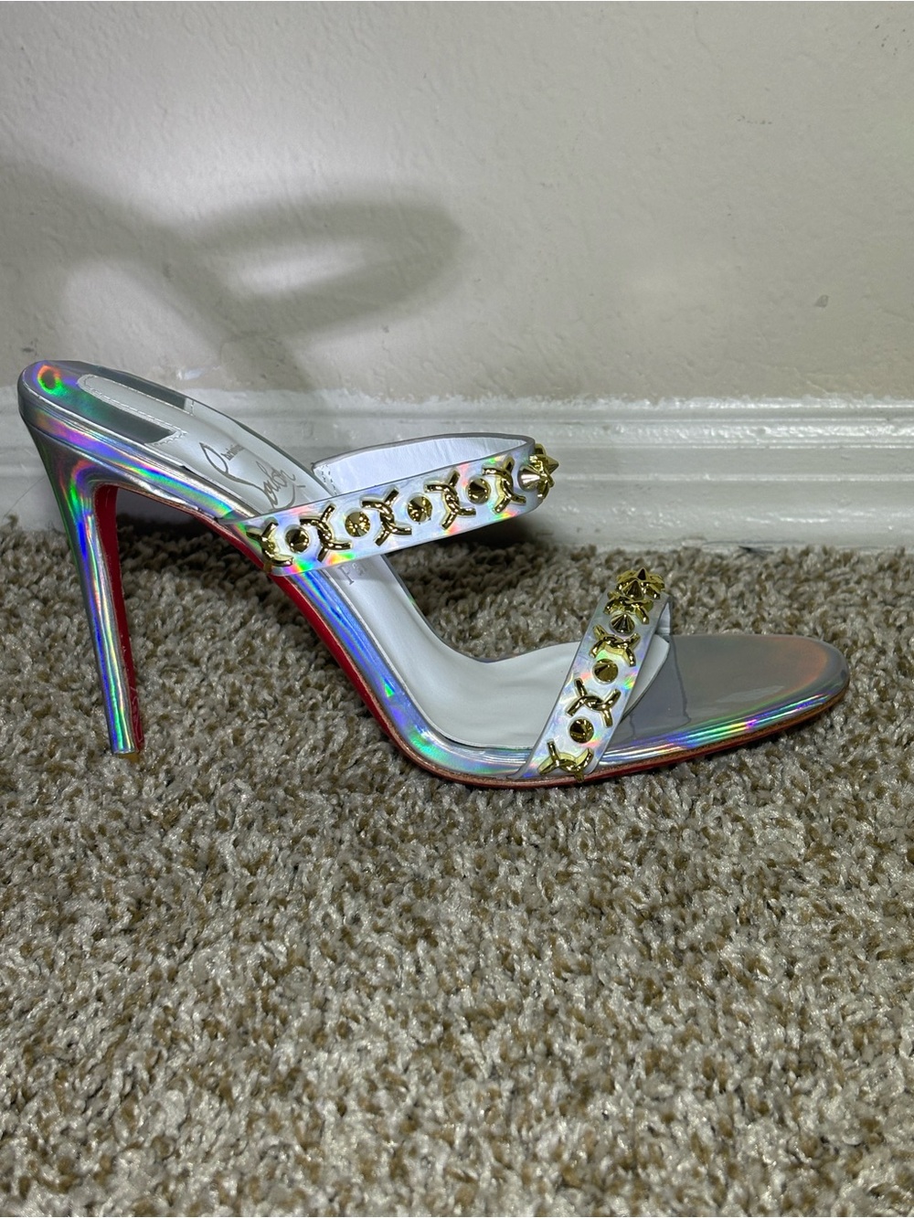 Christian Louboutin Iridescent Holographic Gold-Stud Heel Sandal